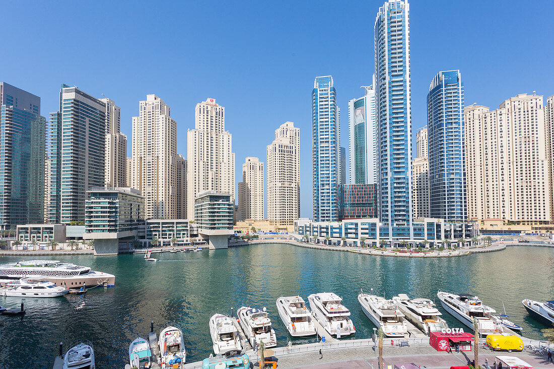 View of boats moored up in Dubai Marina, Dubai, United Arab Emirates, Middle East