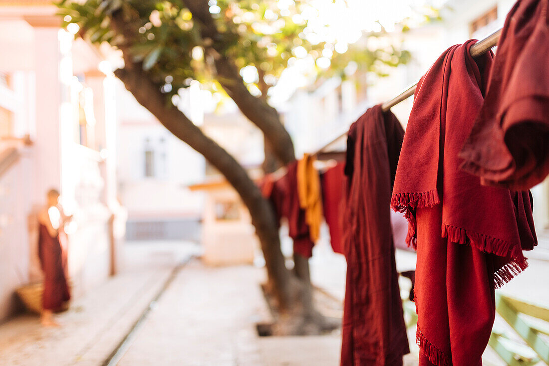Buddhist monks' robes hanging to dry, Amarapura, Mandalay, Mandalay Region, Myanmar (Burma), Asia