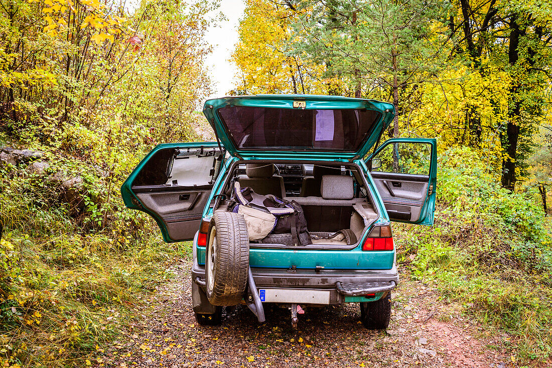 Car in forest with baggage in trunk