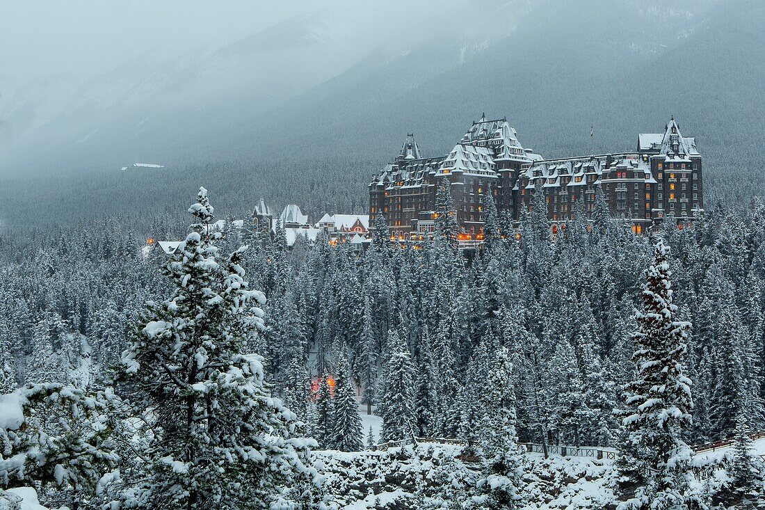 Banff Springs Hotel and river, winter