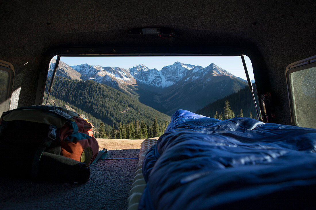 POV shot from the back of a truck cramping in the Colorado San Juan mountains backcountry