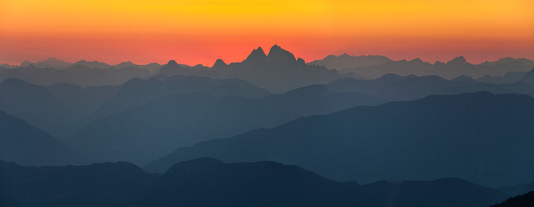 Layers of mountains in the North Cascades and Coastal Mountain ranges as seen from Chilliwack, British Columbia, Canada.