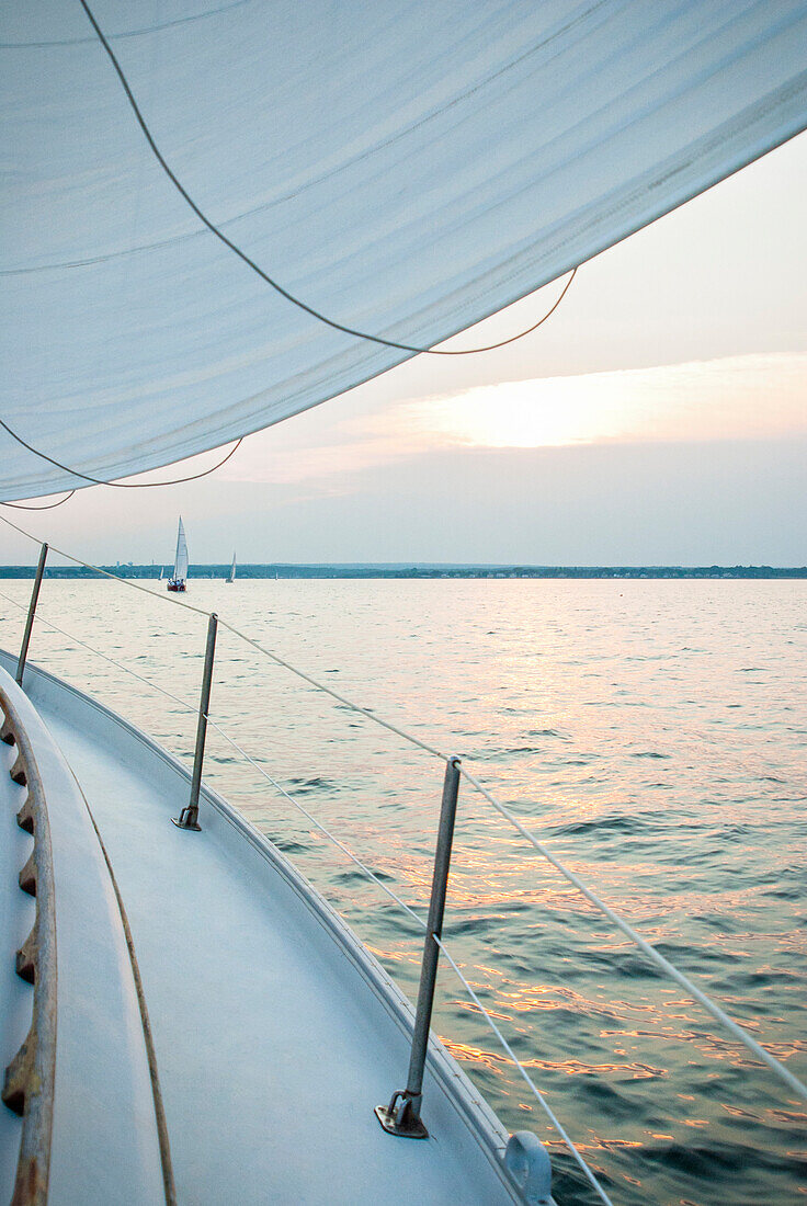 The Leeward Rail Of A Sailboat On Narragansett Bay, Rhode Island