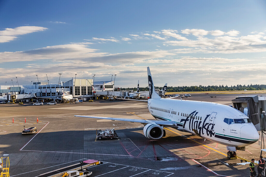 An Alaska Airlines 373 airplane parked at a gate at the Ted Stevens Anchorage International Airport, Anchorage, Southcentral Alaska, USA