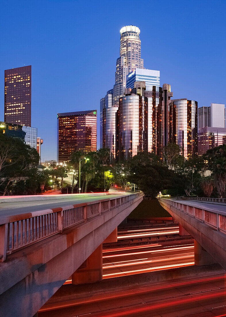 'Financial core of Los Angeles at dusk; Los Angeles, California, United States of America'