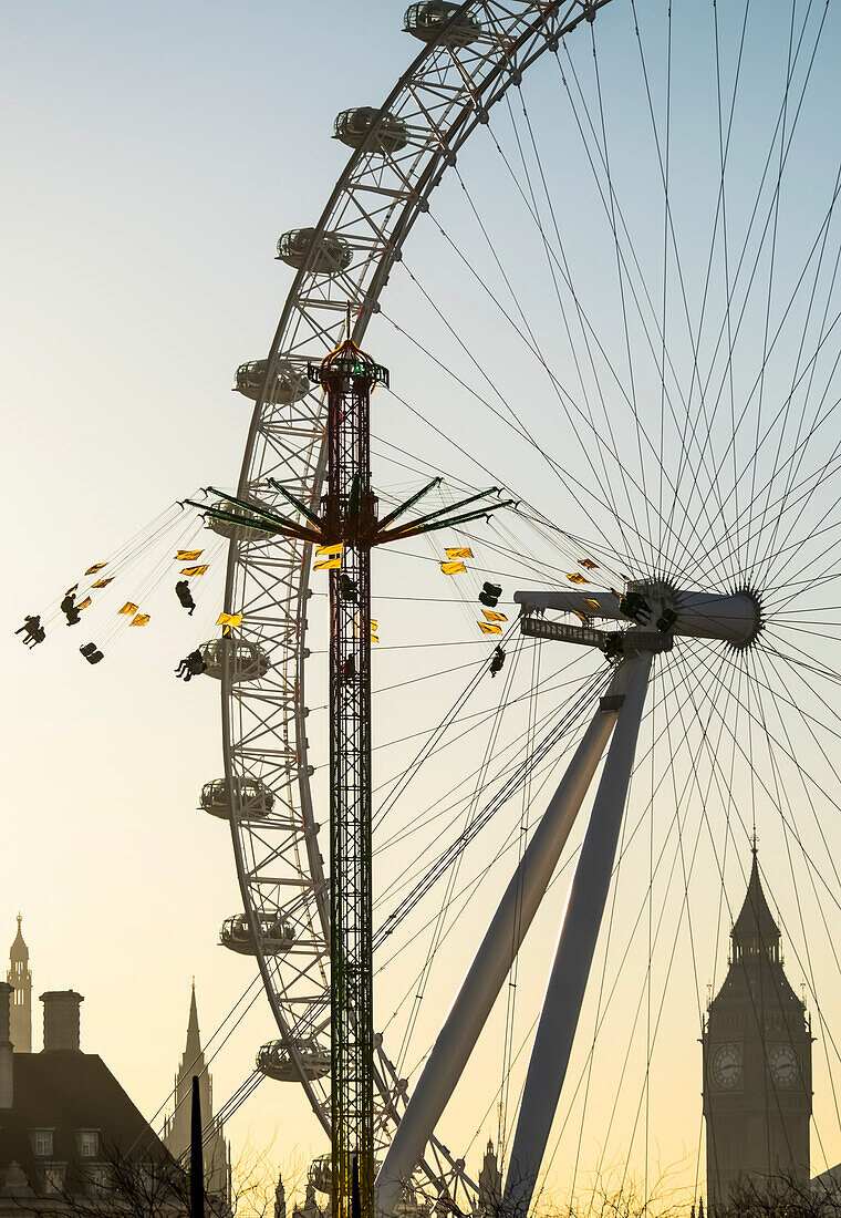 'Millennium Wheel, Big Ben and Starflyer; London, England'