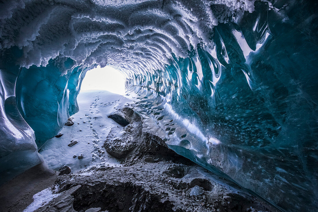 'Hoarfrost covers the ceiling of a Canwell Glacier ice cave in winter; Alaska, United States of America'
