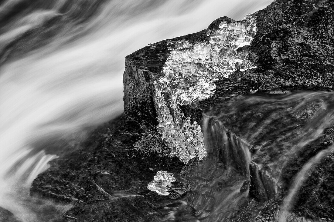 'Ein Bach, der aus dem Hobsons See mit Eis auf dem nassen Felsen fließt, Birke Cove Seen Wilderness; Bedford, Nova Scotia, Kanada'