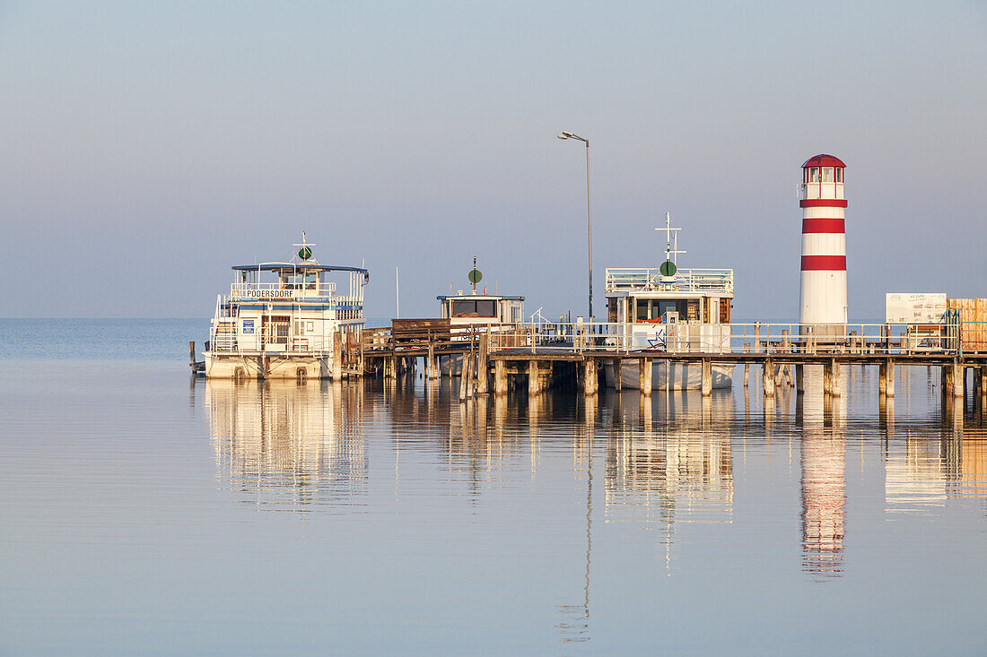 Jetty and lighthouse Podersdorf in Lake Neusiedl, Burgenland, Eastern Austria, Austria, Europe