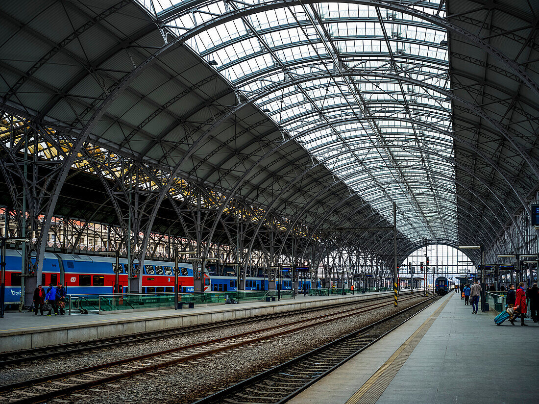 'Arched ceiling with windows in a train station; Prague, Czech Republic'