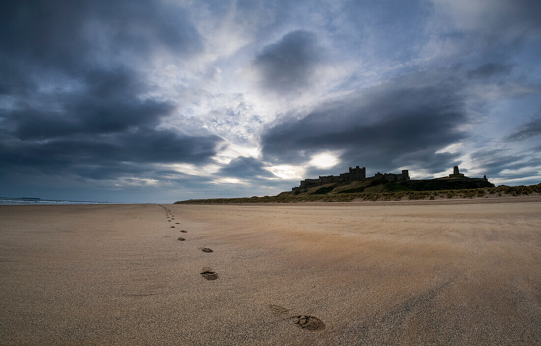 A single set of footprints on the beach with Bamburgh Castle in the background, Bamburgh, Northumberland, England