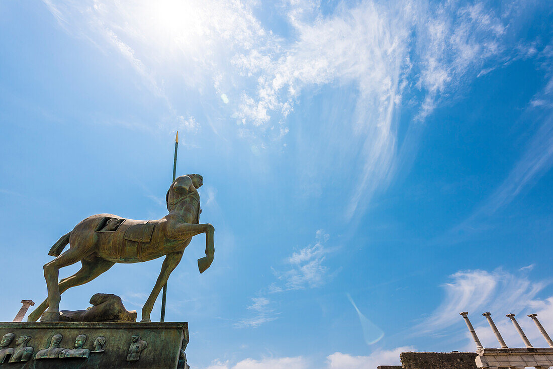 A sculpture on the marketplace of the antique town, Pompeii, the Gulf of Naples, Campania, Italy