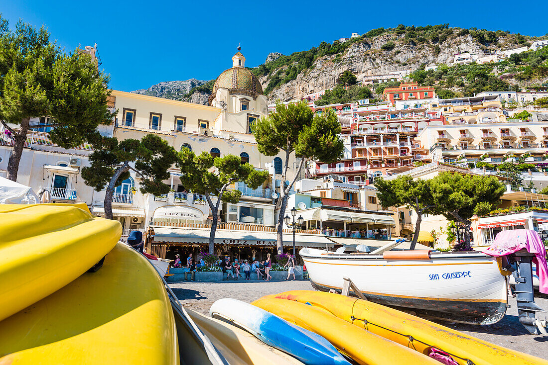 View from the beach at the steep coast, Positano, Amalfi Coast, Campania, Italy
