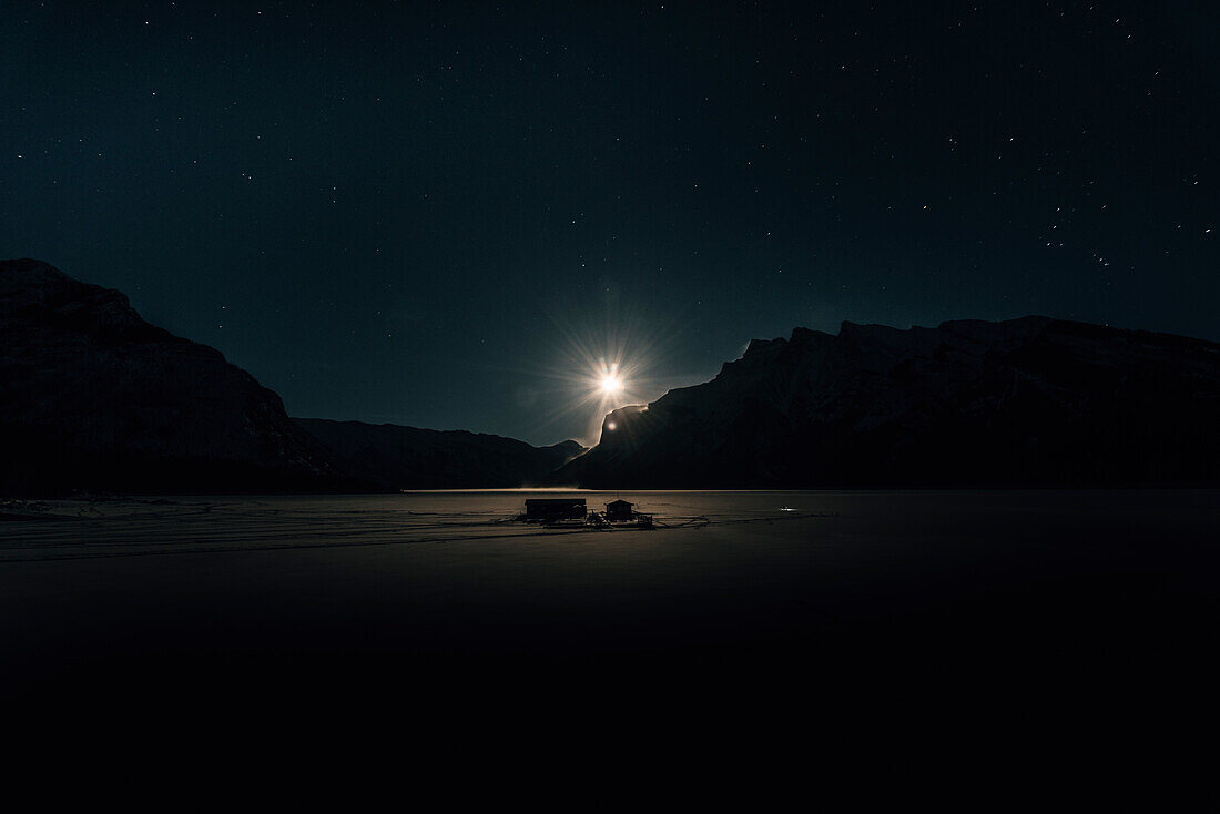 Full moon rise at lake Minnewanka, Banff Town, Bow Valley, Banff National Park, Alberta, north america