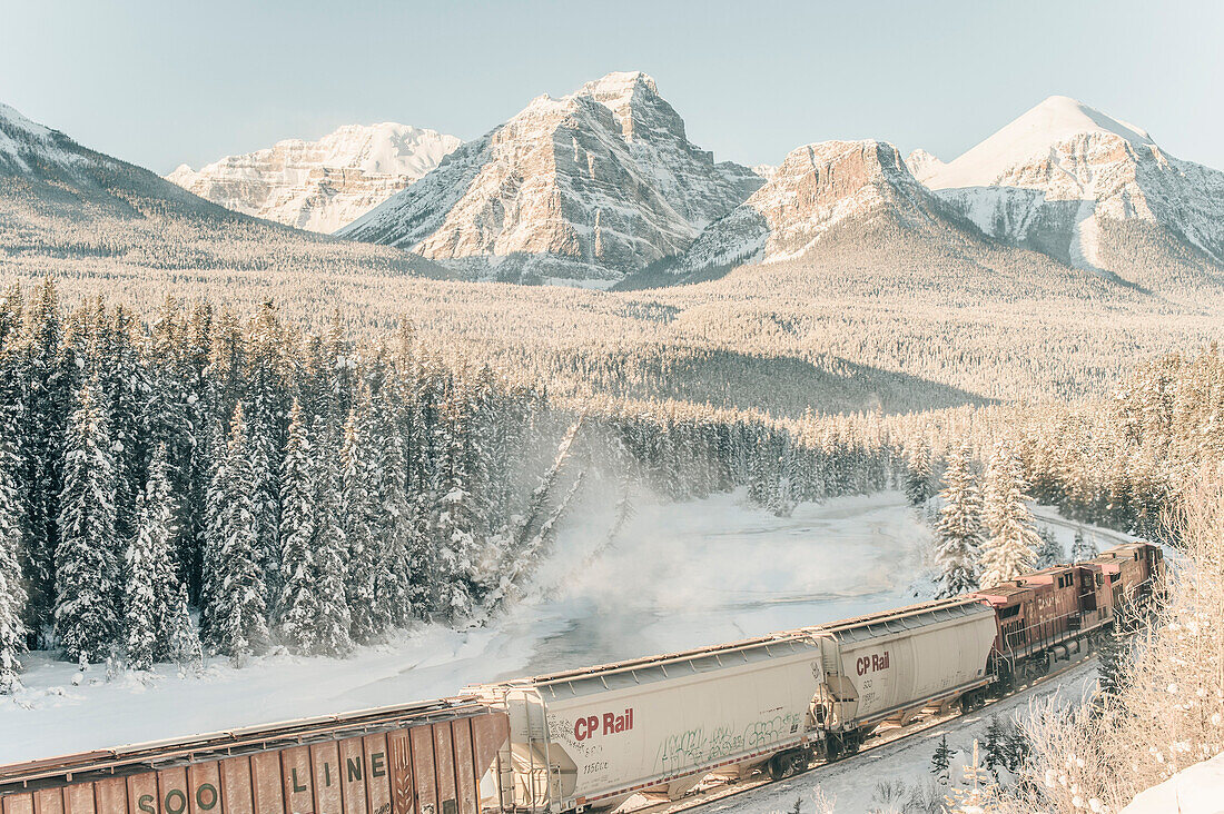 Train passing Morant´s Curve, Banff Town, Bow Valley, Banff National Park, Alberta, canada, north america