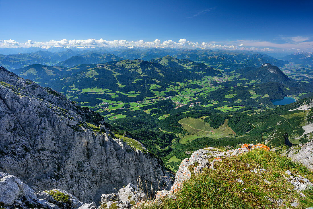 View towards Soellland and lake Hintersteiner See, from Sonneck, Kaiser range, Tyrol, Austria