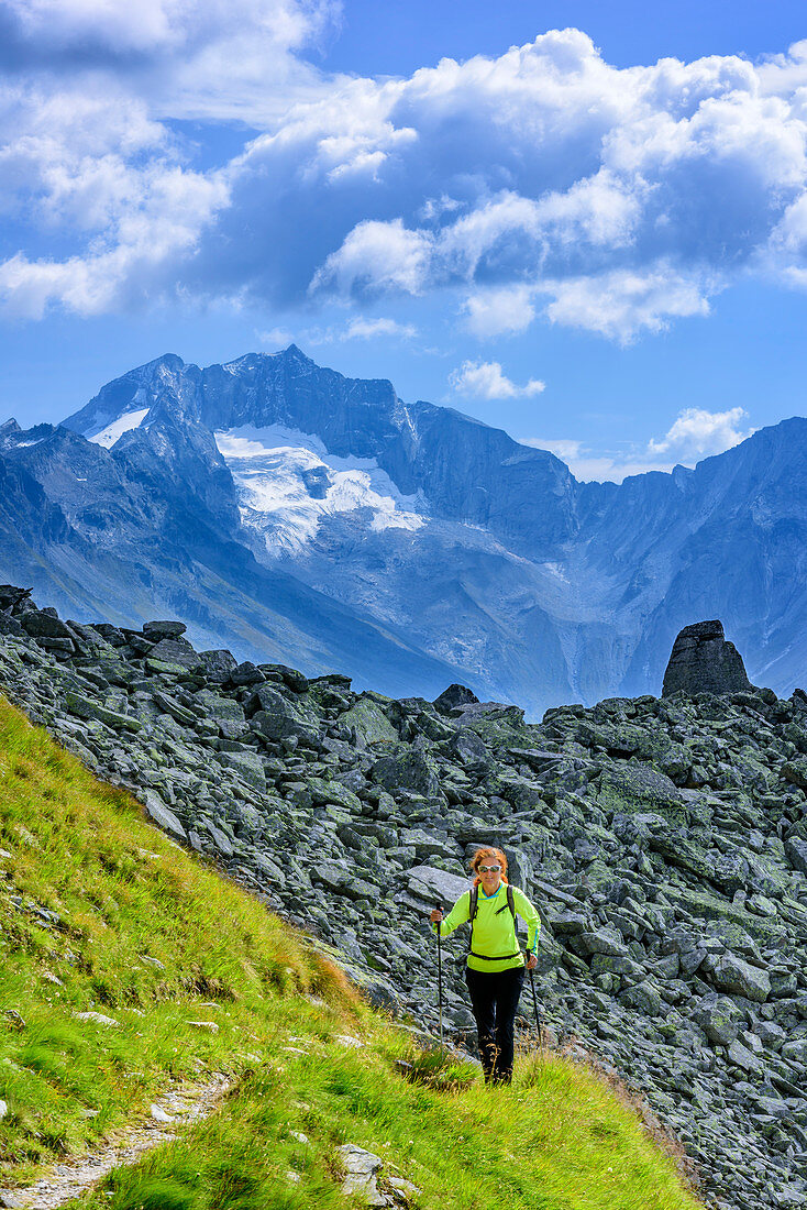 Frau wandert am Tauern-Höhenweg, Hochalmspitze im Hintergrund, Tauern-Höhenweg, Hohe Tauern, Salzburg, Österreich