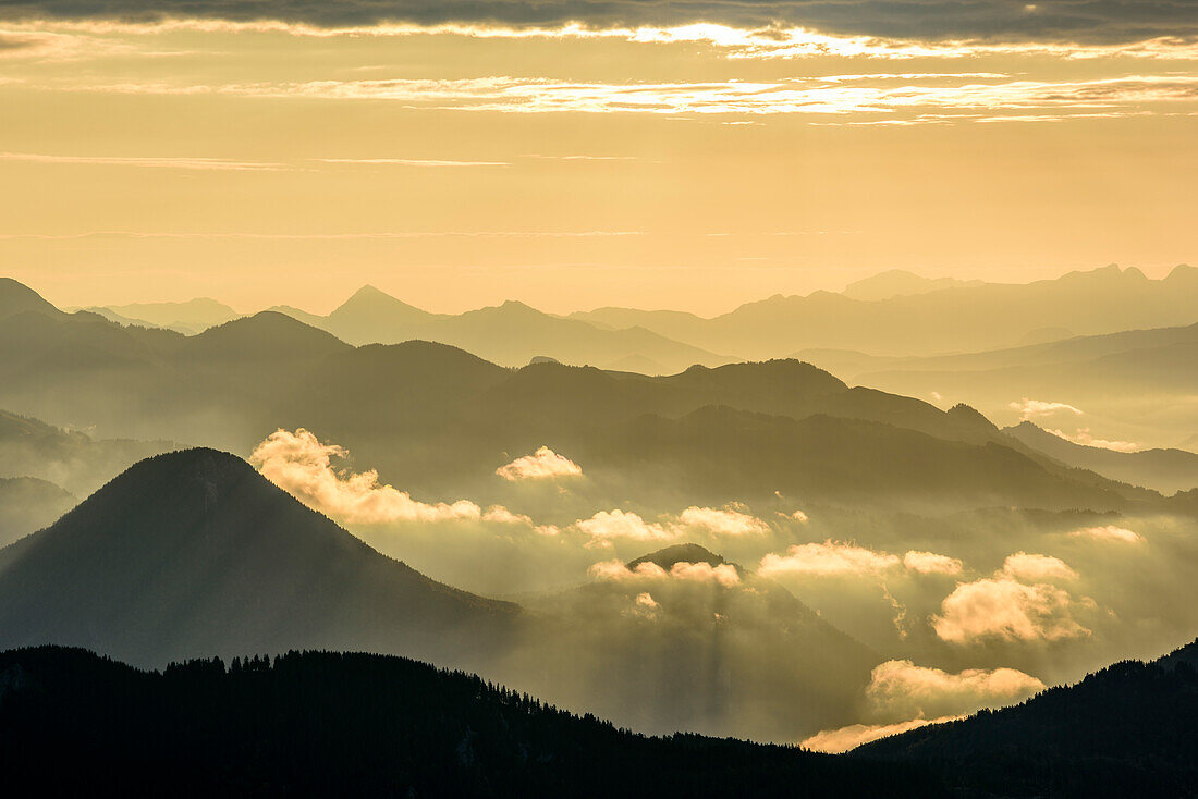 Mood of clouds above Chiemgau Alps and valley Inntal, from Wildalpjoch, Sudelfeld, Mangfall Mountains, Bavarian Alps, Upper Bavaria, Bavaria, Germany