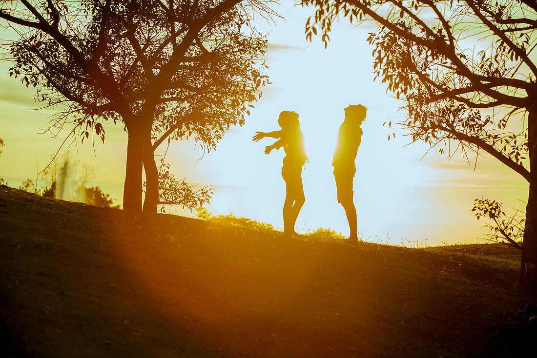 Couple enjoying nature, silhouetted by sun