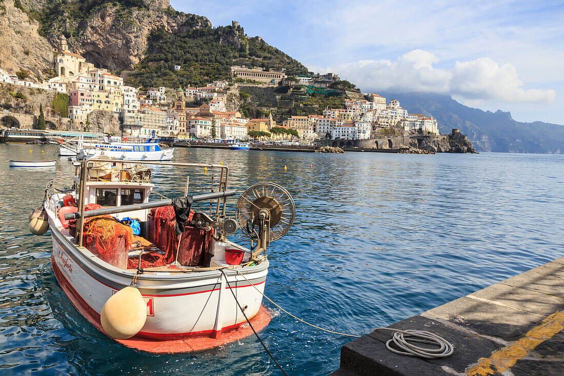 Fishing boats in Amalfi harbour, Amalfi Coast, UNESCO World Heritage Site, Campania, Italy, Europe