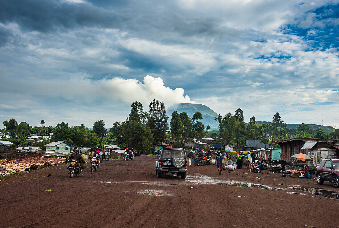 Mount Nyiragongo looming behind the town of Goma, Democratic Republic of the Congo, Africa