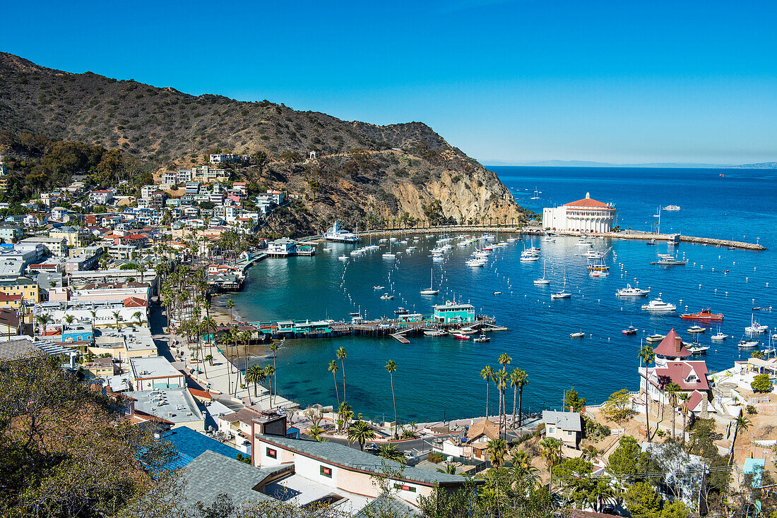 Blick über Avalon, Santa Catalina Island, Kalifornien, Vereinigte Staaten von Amerika, Nordamerika