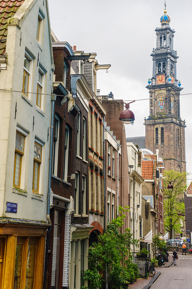 Jordaan district with the spire of Westerkerk beyond, Amsterdam, Netherlands, Europe