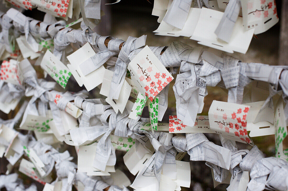 Votive offerings and discarded fortunes, Sanzen-in Temple, Kyoto, Japan, Asia