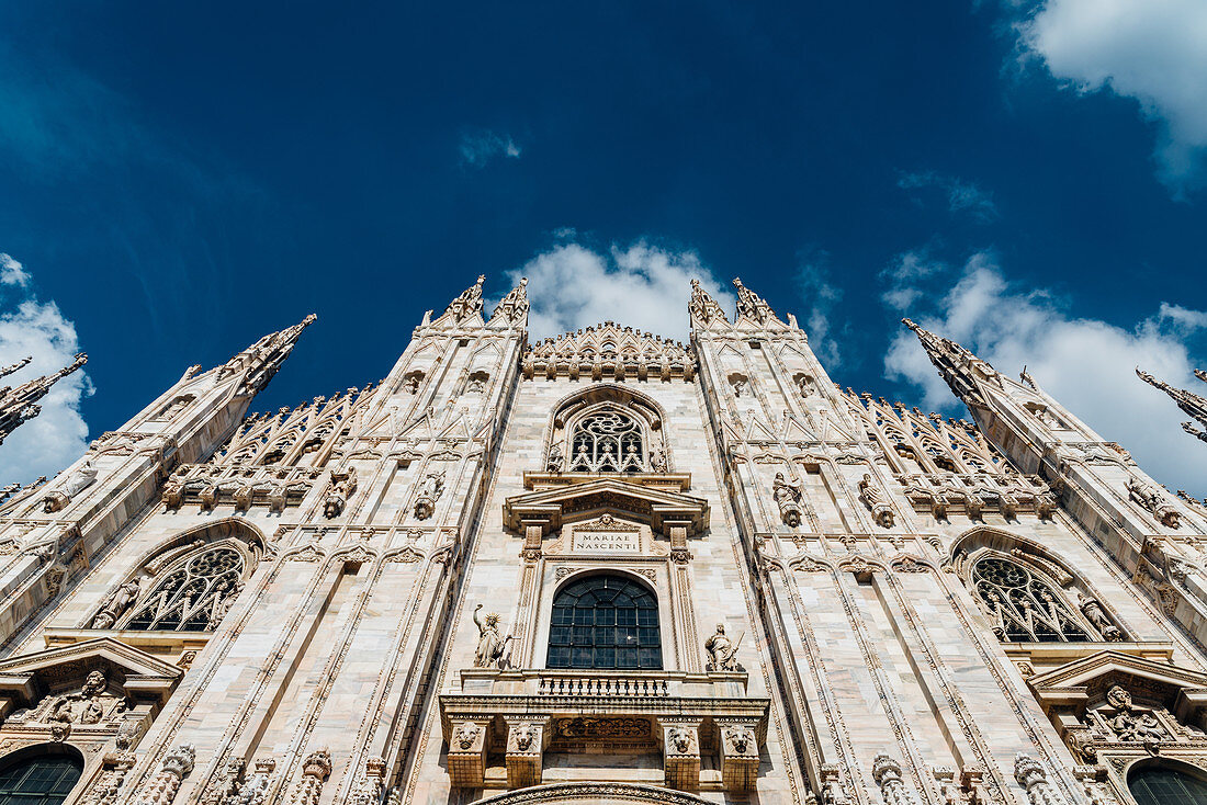 Front and wide angle view of Milan's iconic Duomo Cathedral, Milan, Lombardy, Italy, Europe