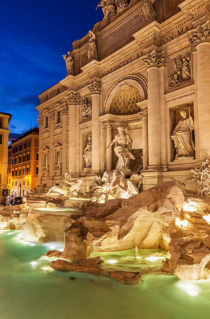 The Trevi Fountain backed by the Palazzo Poli at night, Rome, Lazio, Italy, Europe