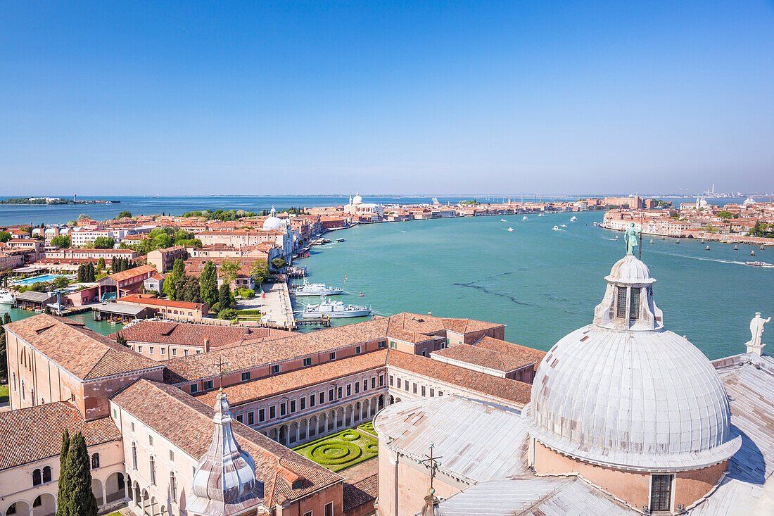 Church of San Giorgio Maggiore, roof and dome, with view of the island of Giudecca, Venice, UNESCO World Heritage Site, Veneto, Italy, Europe