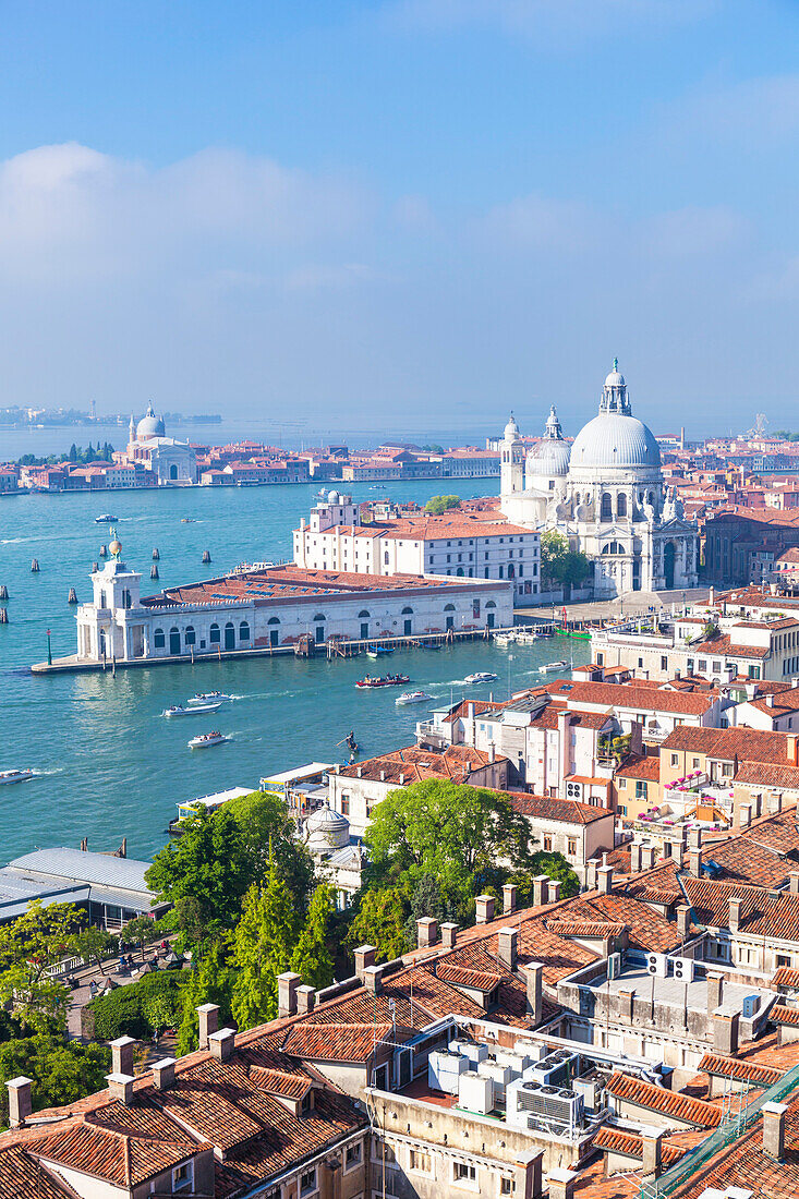 Vaporettos (water taxis), rooftops and the church of Santa Maria della Salute, on the Grand Canal, UNESCO World Heritage Site, Venice, Veneto, Italy, Europe