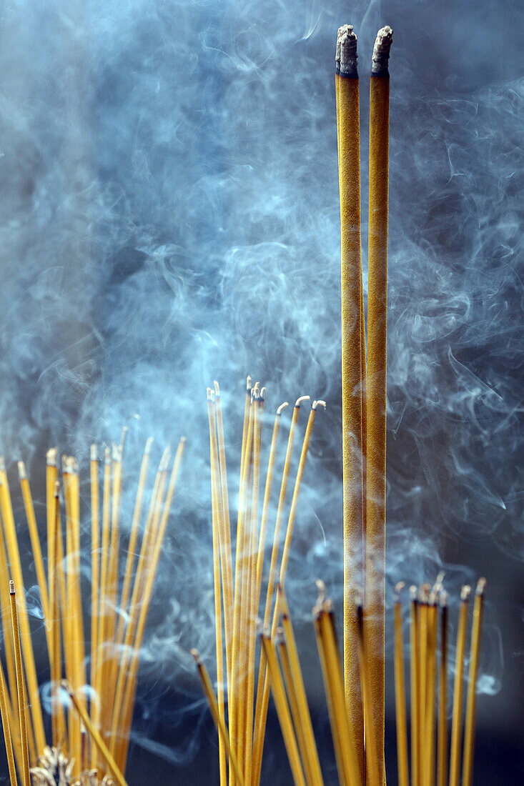 Incense sticks on joss stick pot burning and smoke used to pay respect to Buddha, Taoist temple, Phuoc An Hoi Quan Pagoda, Ho Chi Minh City, Vietnam, Indochina, Southeast Asia, Asia