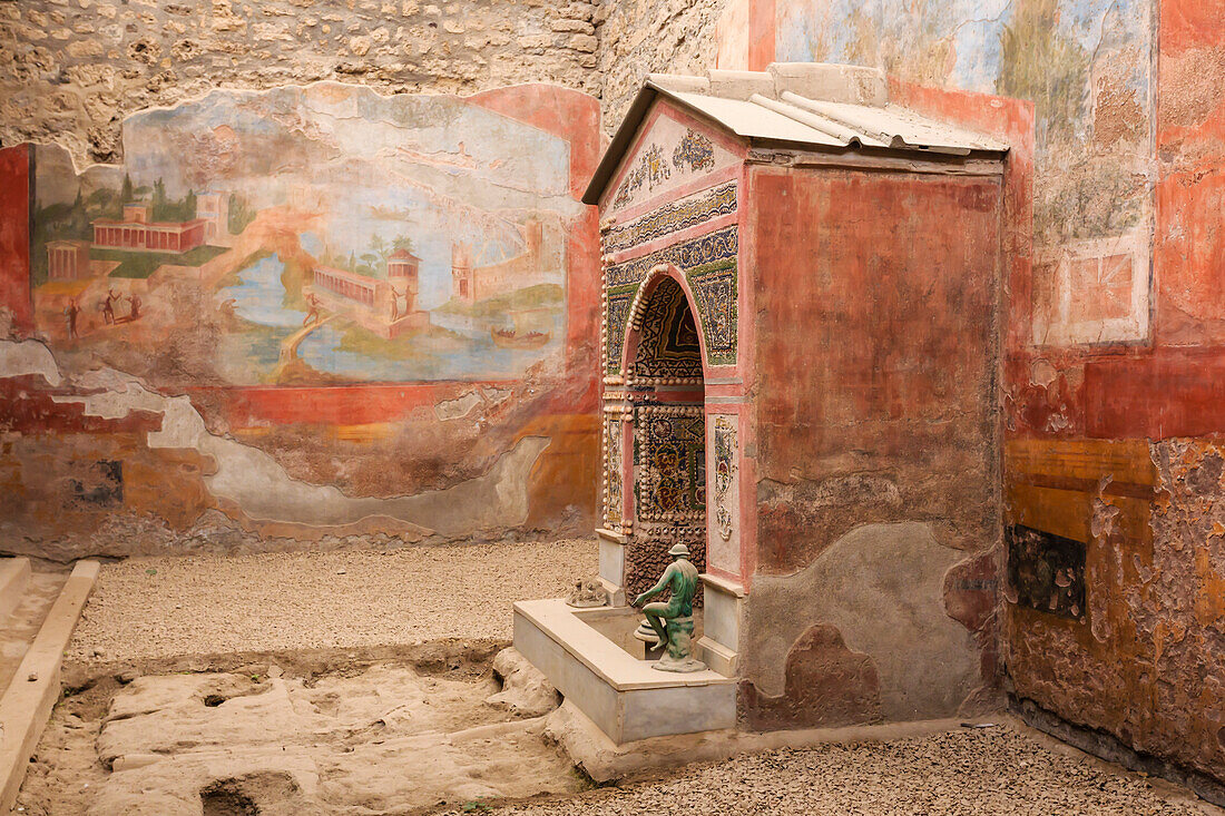 Mosaic and shell fountain, House of the Small Fountain, Roman Pompeii, UNESCO World Heritage Site, near Naples, Campania, Italy, Europe