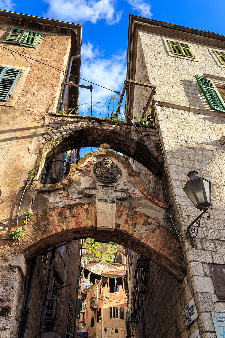 Old Town (Stari Grad), arch way with relief and hanging washing in an alley, Kotor, UNESCO World Heritage Site, Montenegro, Europe