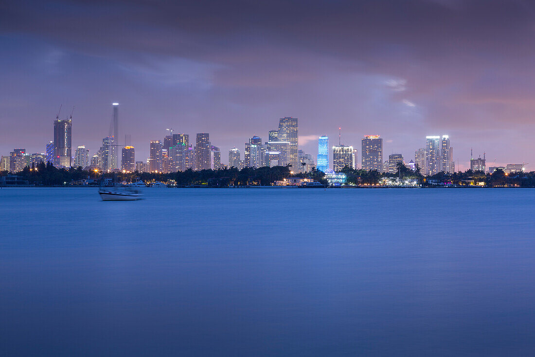 View of Downtown from South Beach at dusk, Miami Beach, Miami, Florida, United States of America, North America