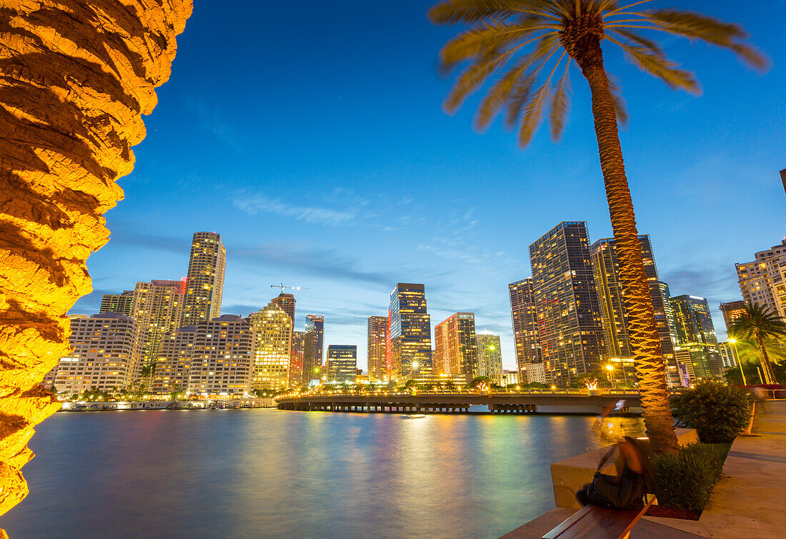 Downtown Miami skyline from Brickell Key at dusk, Downtown Miami, Miami, Florida, United States of America, North America