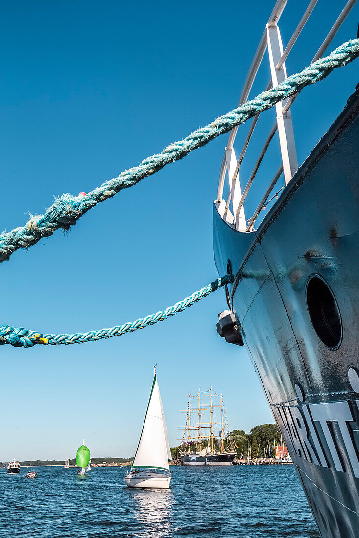 Ships on river Trave, Travemuende, Luebeck, Baltic coast, Schleswig-Holstein, Germany