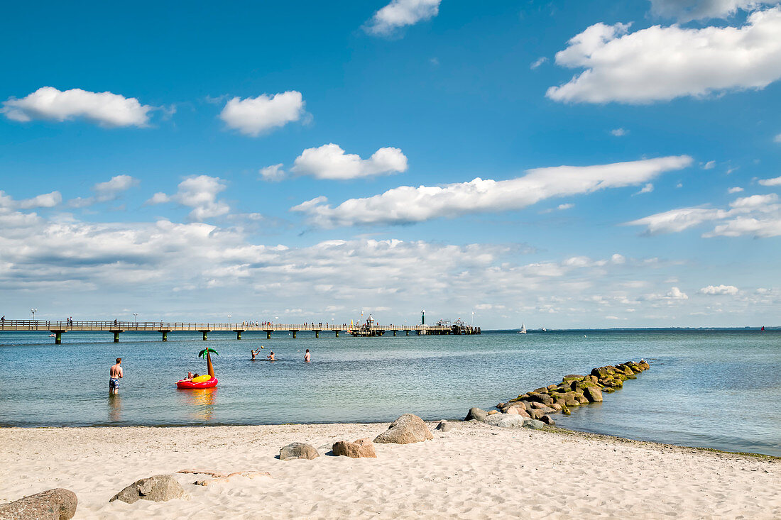 Beach and pier, Groemitz, Baltic coast, Schleswig-Holstein, Germany