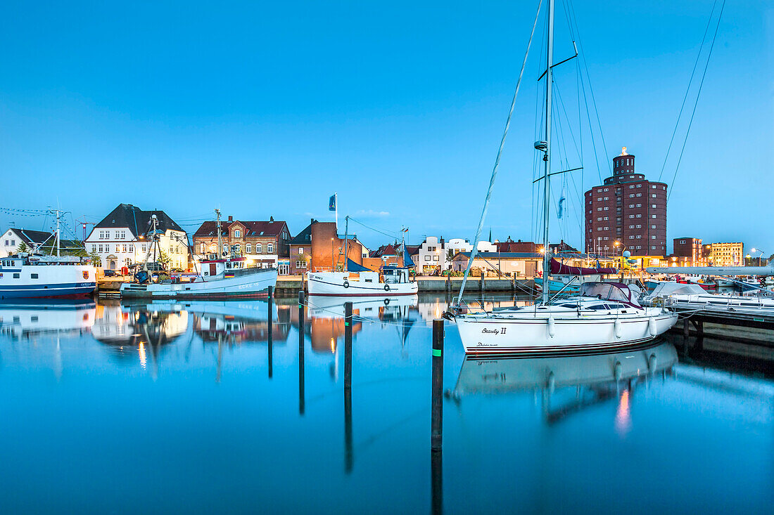 Dusk over the marina, Eckernfoerde, Baltic coast, Schleswig-Holstein, Germany