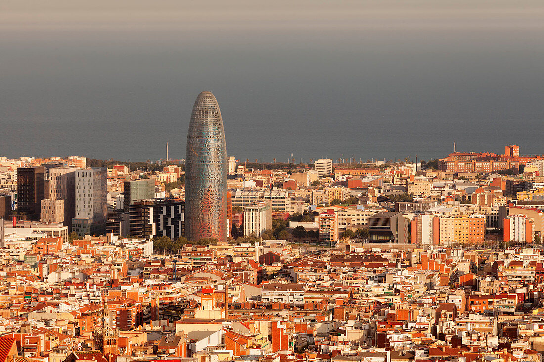 View over Barcelona with Torre Agbar Tower, architect Jean Nouvel, Barcelona, Catalonia, Spain, Europe