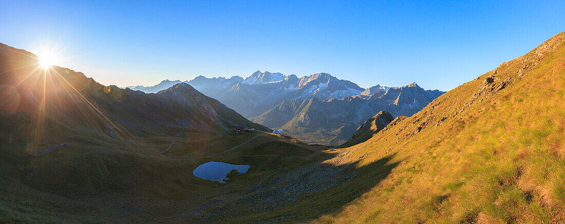 Panorama of Cima Presanella at dawn seen from Monte Tonale, Valcamonica, border Lombardy and Trentino-Alto Adige, Italy, Europe