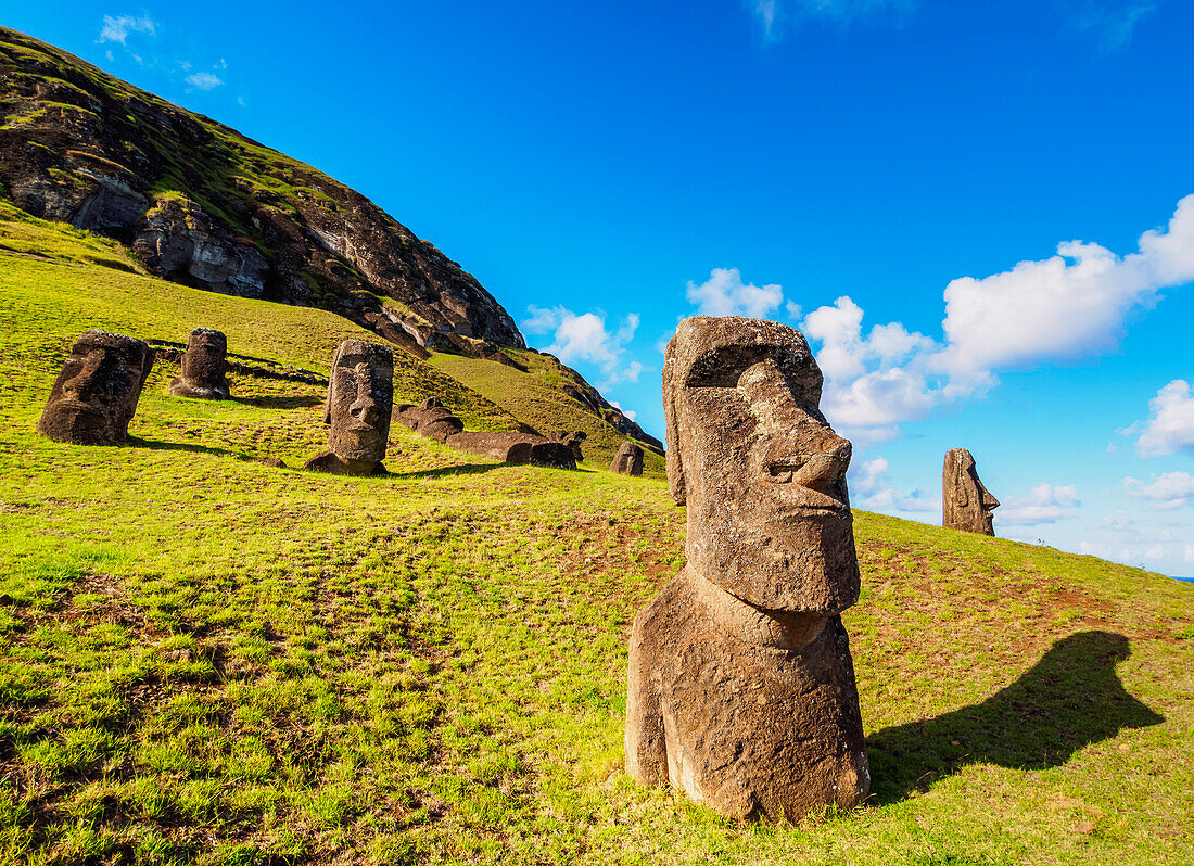 Moais im Steinbruch am Hang des Vulkans Rano Raraku, Nationalpark Rapa Nui, UNESCO-Weltkulturerbe, Osterinsel, Chile, Südamerika