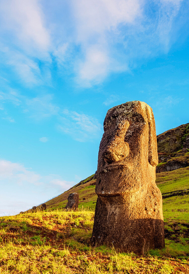 Moais im Steinbruch am Hang des Vulkans Rano Raraku, Nationalpark Rapa Nui, UNESCO-Weltkulturerbe, Osterinsel, Chile, Südamerika