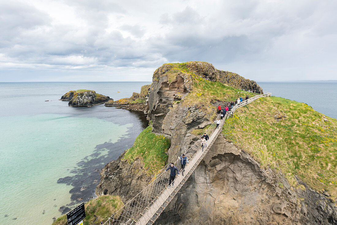 View of the Carrick a Rede Rope Bridge, Ballintoy, Ballycastle, County Antrim, Ulster, Northern Ireland, United Kingdom, Europe