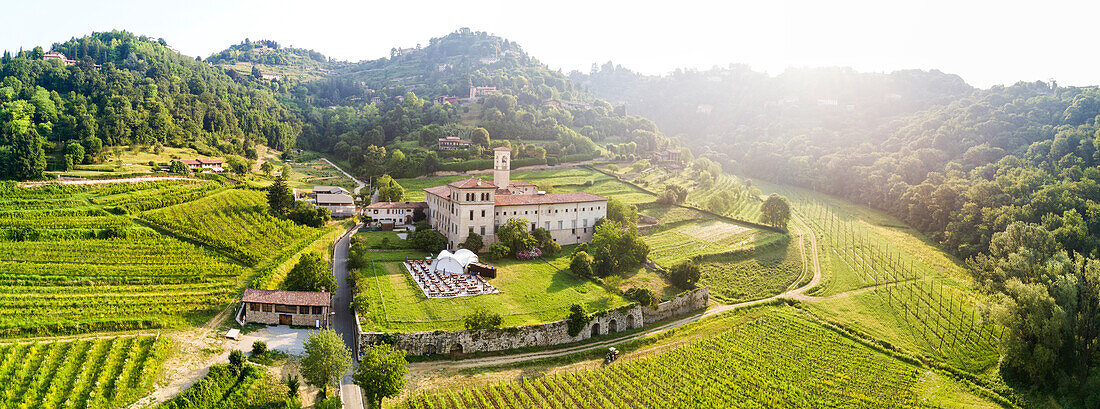 Panoramic of the historical monastery of Astino and green vineyards, Longuelo, Province of Bergamo, Lombardy, Italy, Europe