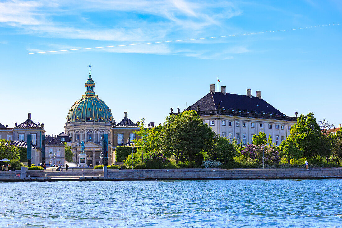 View of Amalienborg Palace and Marble Church from the banks of canal, Copenhagen, Denmark