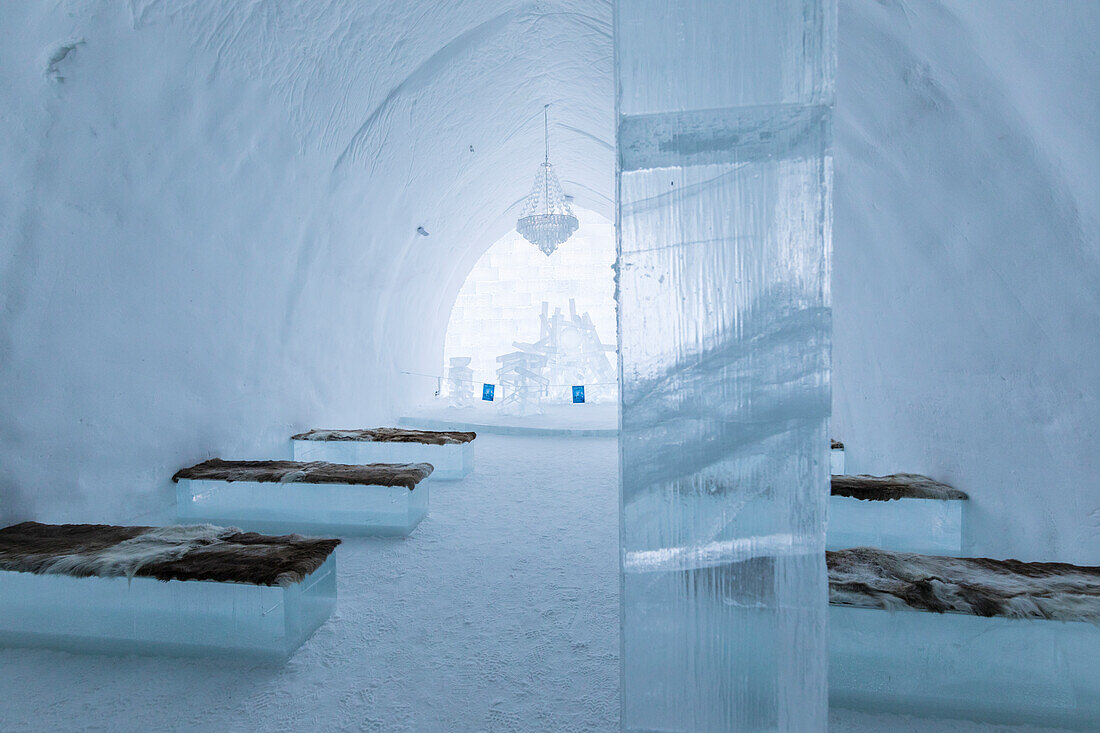 Interior bedroom, Ice Hotel, Jukkasjarvi, Kiruna, Norrbotten County, Lapland, Sweden