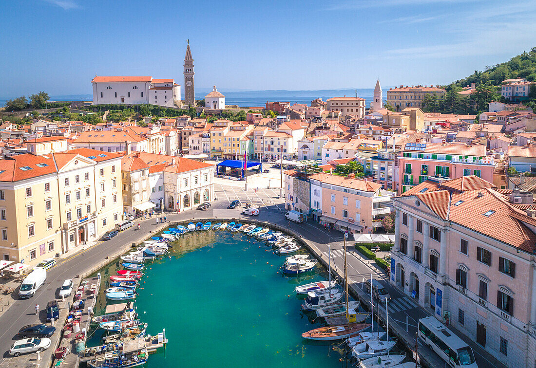 Piran, Slovenian Istria, Slovenia, Elevated view of the city harbour