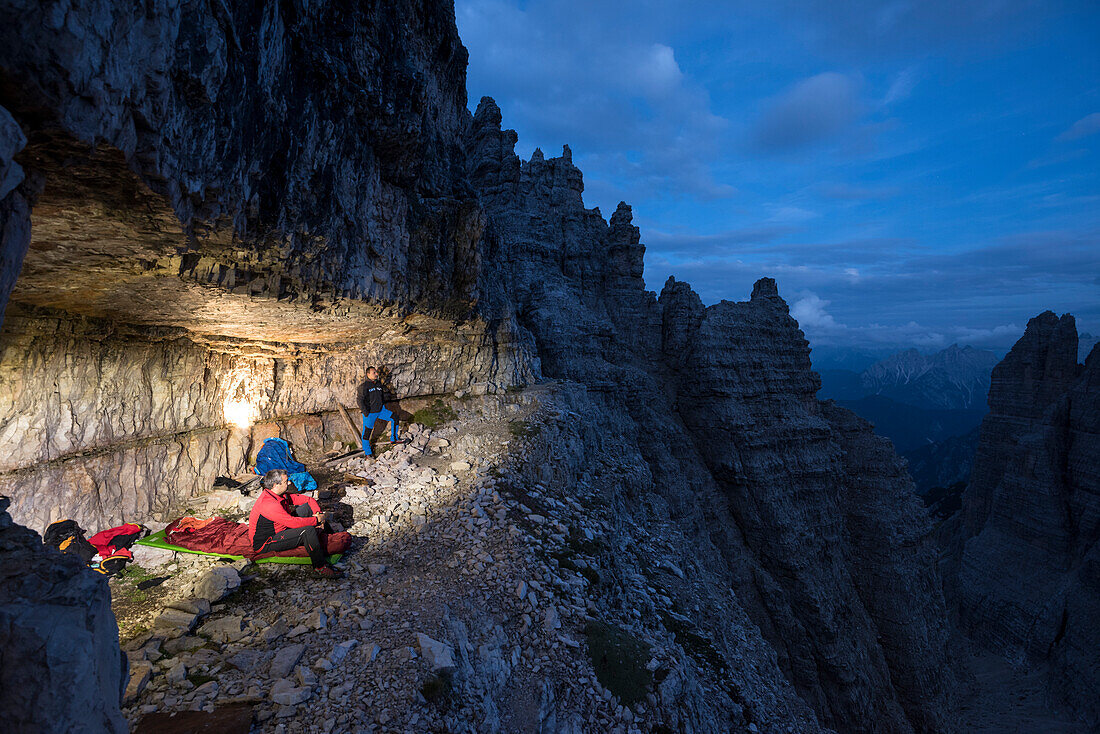 Sesto / Sexten, province of Bolzano, Dolomites, South Tyrol, Italy, Bivouac place in a grotto from the first world war